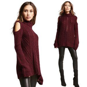 l love Open Shoulder Cable Knit Sweater - Burgundy